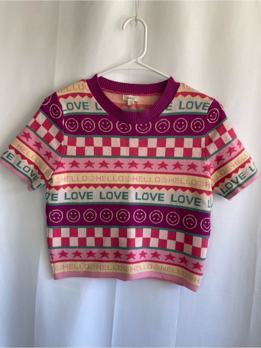 debut Pink Magenta Teal LOVE Pattern Short Sleeve Knit Top - Picture 2 of 6